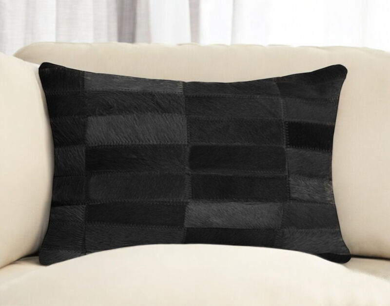 HomeRoots 12" X 20" Black Patchwork Cowhide Lumbar Throw Pillow image number 1