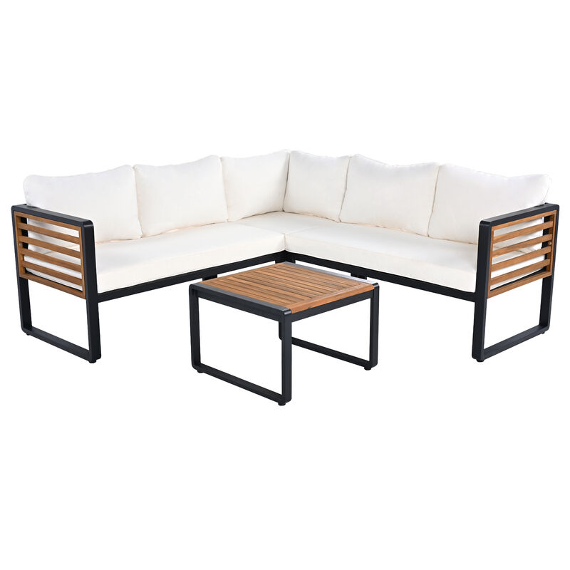 Whisen 4-Piece Metal & Wood Patio Set: L-Shaped Sectional with Cushions & Table image number 0