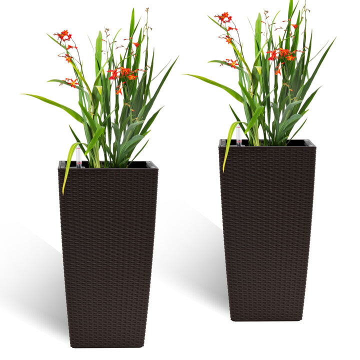 WOW PIONEER Pack of 2 Square 22-Inch High Faux Rattan Planters with Automatic Watering System for Porch, Patio, Backyard, Indoor and Outdoor Gardening Use