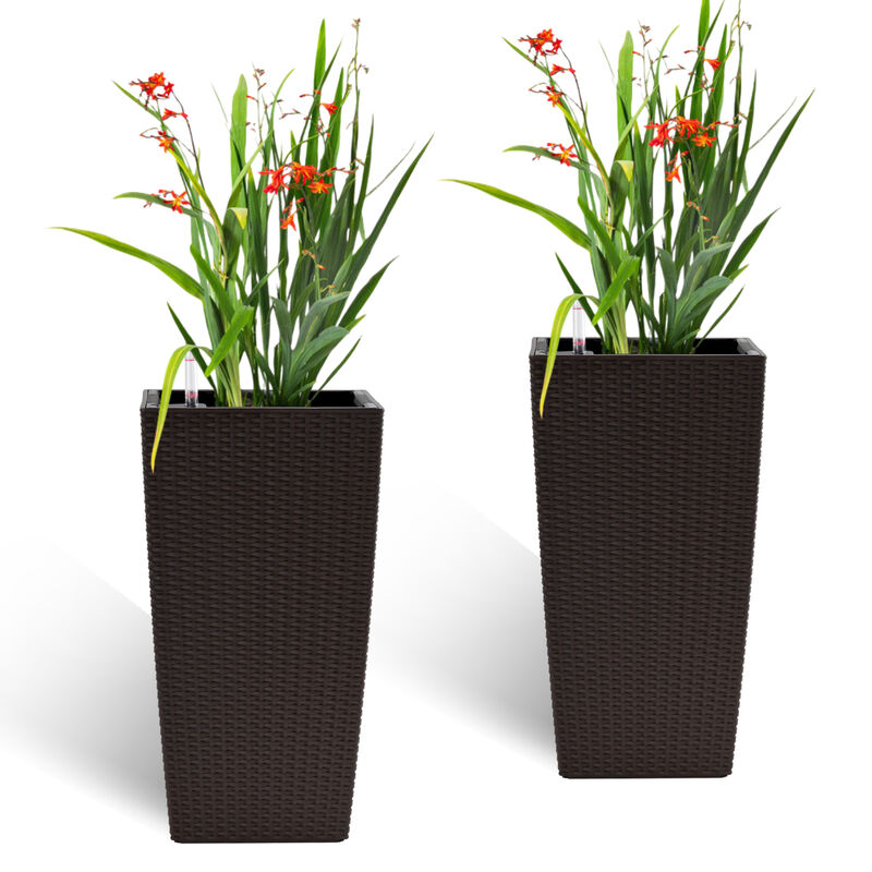 WOW PIONEER Pack of 2 Square 22-Inch High Faux Rattan Planters with Automatic Watering System for Porch, Patio, Backyard, Indoor and Outdoor Gardening Use image number 0