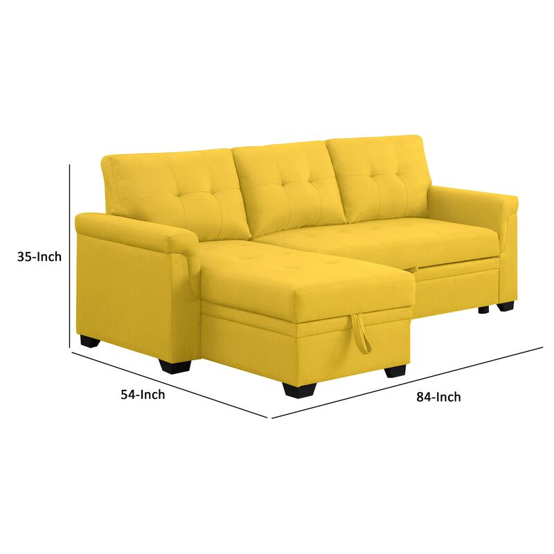 Elliot 84 Inch Sleeper Sectional Sofa with Storage Chaise, Yellow Fabric-Benzara