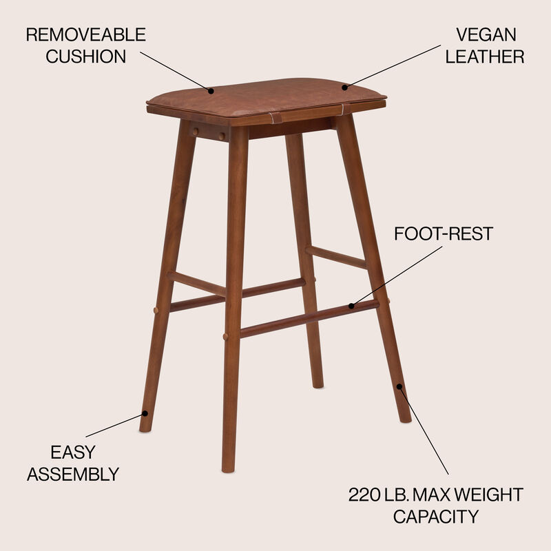 Peroni MidCentury Classic Saddle-Seat Solid Wood/Vegan Leather Backless Bar Stool with Removeable Cushion