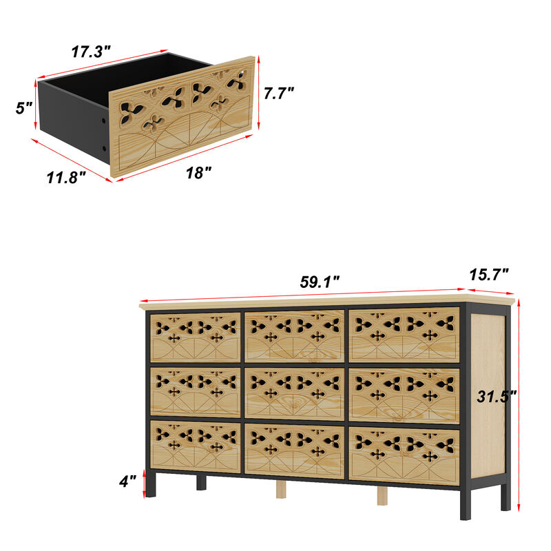 FUFU&GAGA 9-Drawer Tall Storage Cabinet , Modern Chest Organizer for Bedroom, Living Room, or Office (59.1 in. W x 15.7 in. D x 31.5 in. H),  Natural Wood Finish and Black Accents
