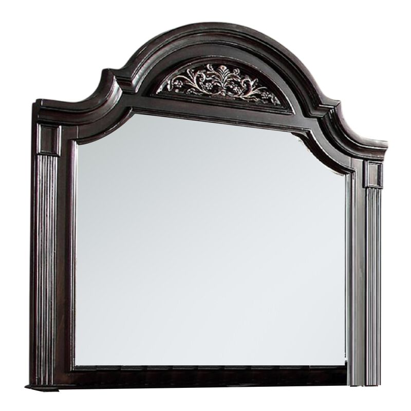 Recus Dresser Mirror, 49 Inch Carved Floral Walnut Brown Solid Wood