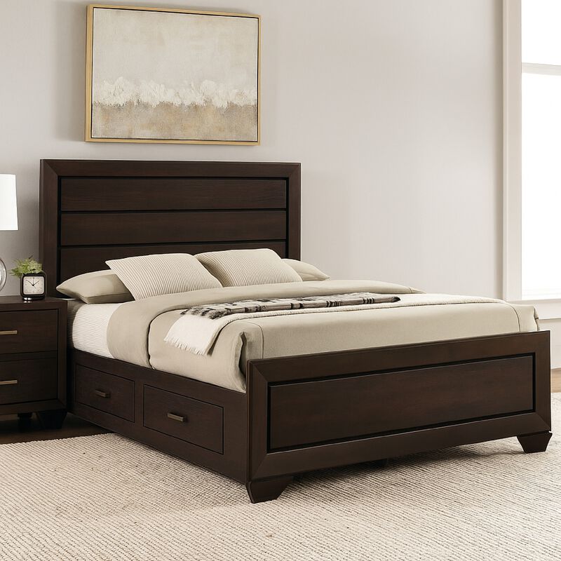 Wooden Queen Size Bed with 4 Spacious Side Rail Drawers, Dark Brown