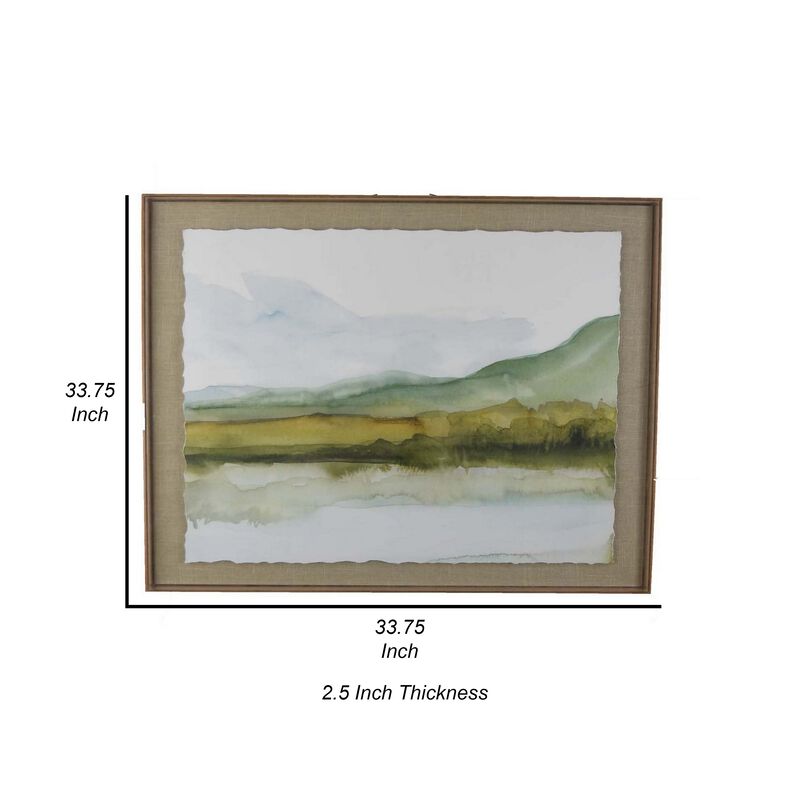 34 x 34 Framed Wall Art Print, Mountains and Nature, Green, Yellow, Gray - Benzara