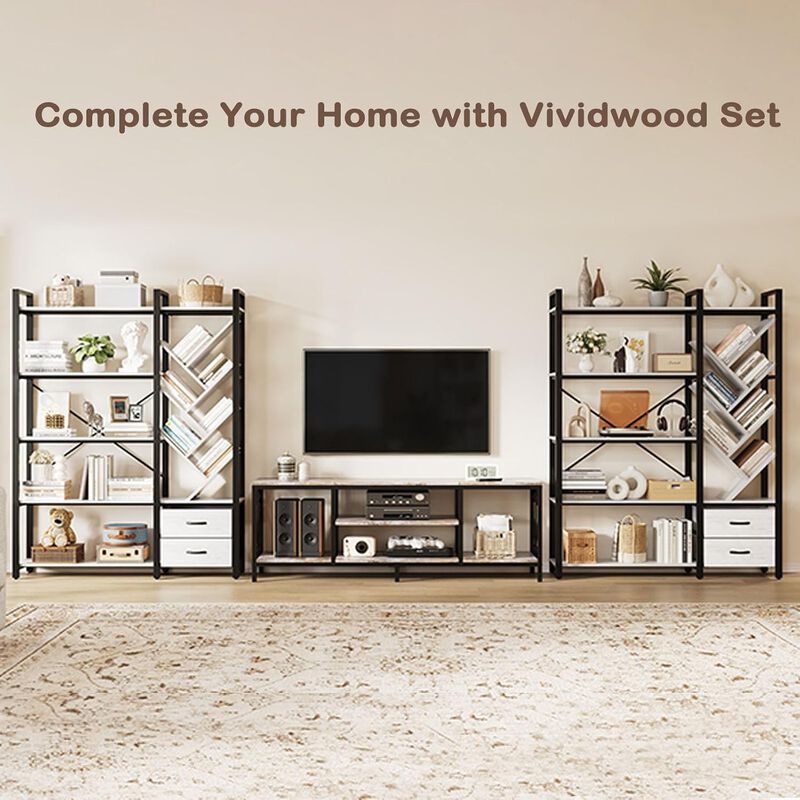 Bookshelf, 5 Tier Bookshelves with Tree Display Shelves, 65&rdquo; Tall Floor Standing Bookcase with 2 Drawers and 6 Adjustable Feet for Home, Office image number 8