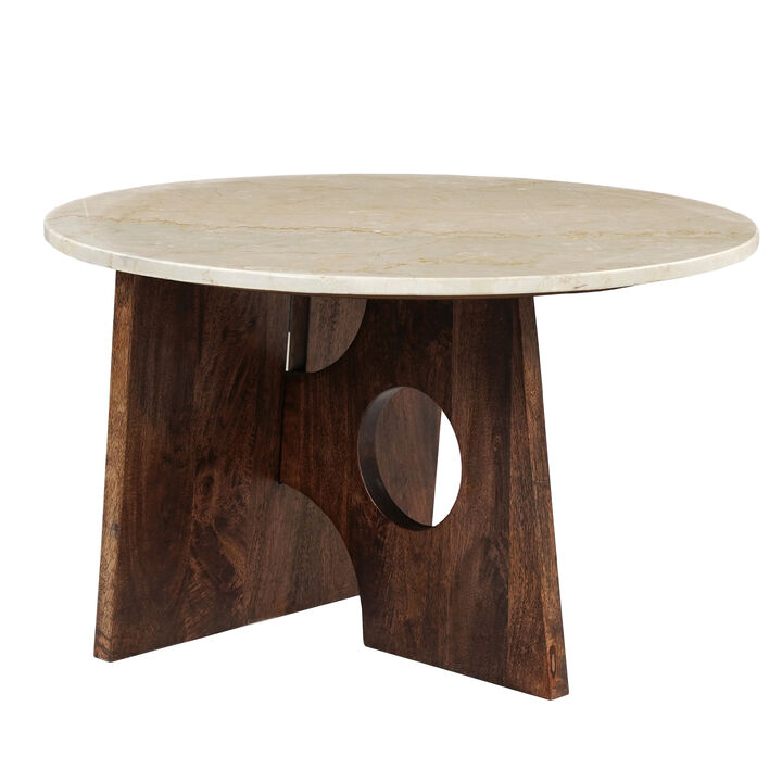 Kali Coffee Table | 27" Natural Round Marble Tabletop | Dark Brown Mango Wood Sculptural Base