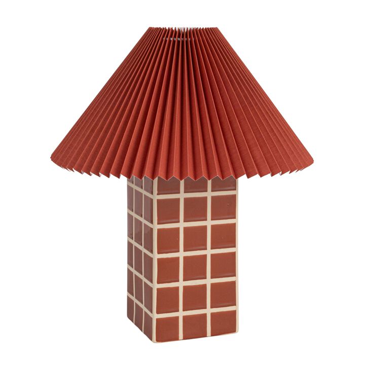 Red Ceramic Table Lamp with Pleated Shade