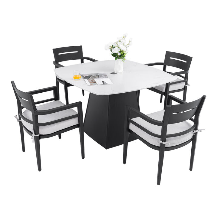 5 Pcs Outdoor Dining Set, 44" Rounded Square Sintered Stone Table with Flared Base and 4 Armchairs