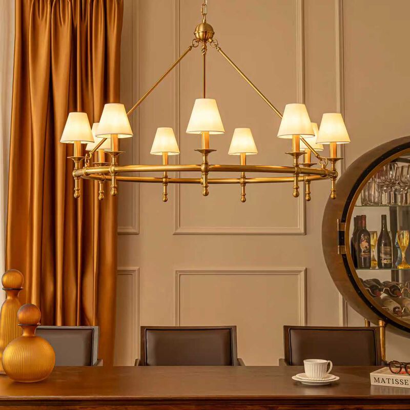 47'' 9-Light Extra Large Vintage Brass Chandelier with White Fabric Shades For Dining Room or Living Room image number 2