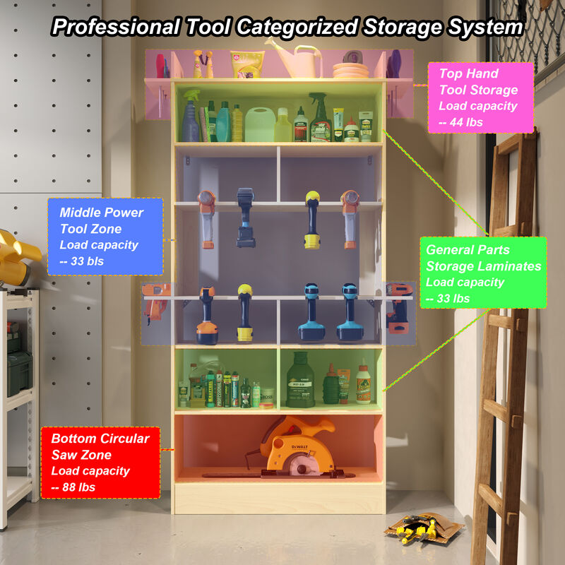 FUFU&GAGA Solid Wood Multi-functional Storage Cabinet with 9 Compartments & Tool Hooks, Space-Saving Design for Small Spaces, Natural Wood Finish (30.7 in.  W x 11 in.  D x 67.7 in.  H)