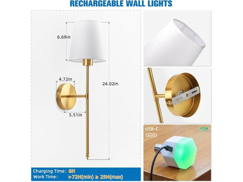 Battery Operated Wall Sconce Set of 2 Gold Rechargeable Dimmable Lights with Remote image number 2