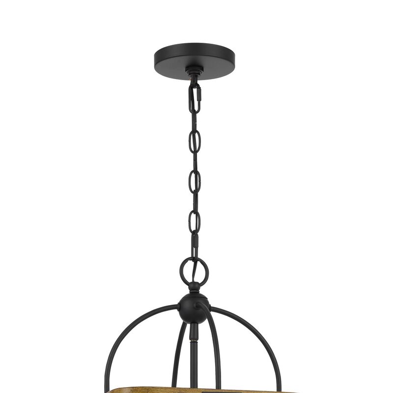 Rio 16 Inch Chandelier w Upturned Lights and Canopy, Wood, Black Metal - Benzara