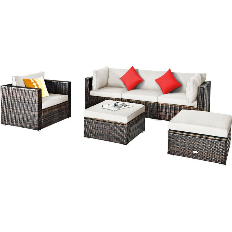 6 Pcs Patio Rattan Furniture Set with Sectional Cushion