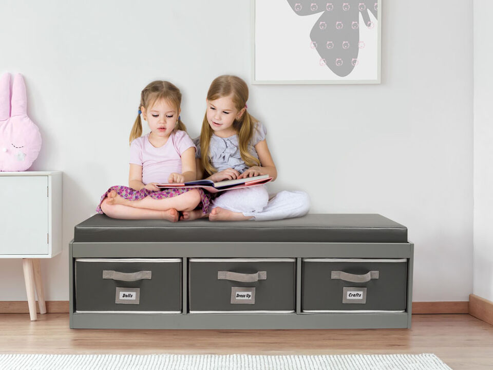 Badger Basket Co. Kid's Storage Bench with Cushion and Three Bins - Gray