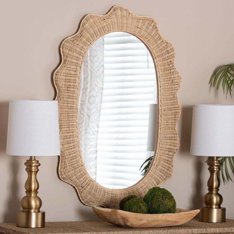 bali & pari Makoto Scalloped Natural Rattan Wall Mirror - Handwoven Wicker Oval Frame, Boho Coastal Accent Wall Decor for Entryway, Bedroom, or Living Room