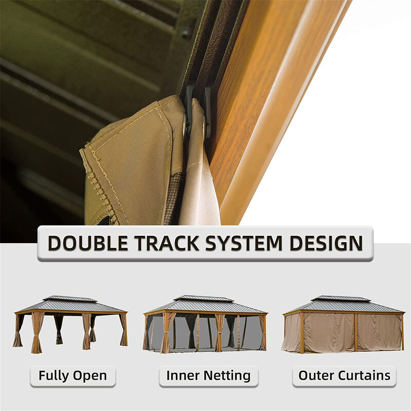 MONDAWE 12x20ft Hardtop Gazebo Outdoor Aluminum Wood Grain Gazebos with Galvanized Steel Double Canopy for Patios Deck Backyard,Curtains&Netting (Wood-Looking)