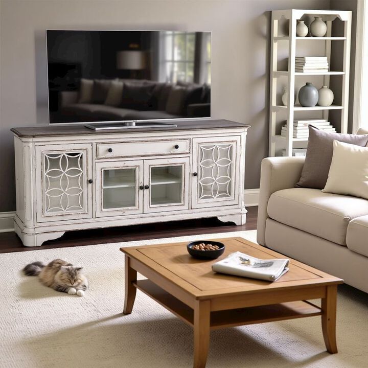 Liberty Furniture Antique White TV Console with Drawer and 4 Cabinets for Rustic Decor Use