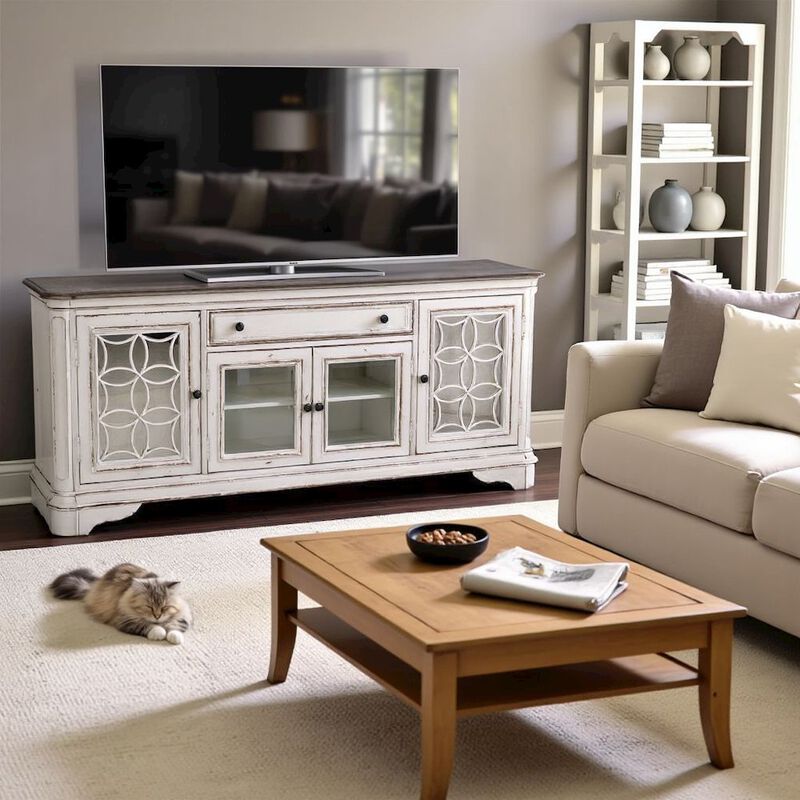 Liberty Furniture Antique White TV Console with Drawer and 4 Cabinets for Rustic Decor Use image number 1