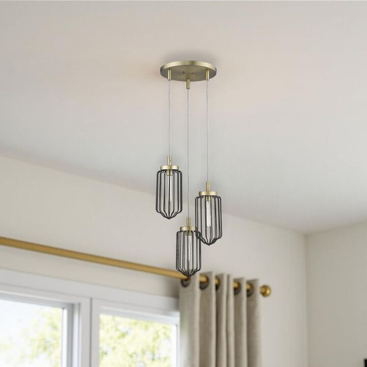 Hivvago Gold Caged Three Light Metal Dimmable Chandelier With Black Shades