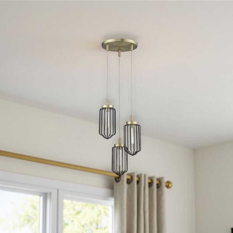 Hivvago Gold Caged Three Light Metal Dimmable Chandelier With Black Shades