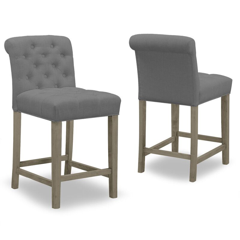 Glamour Home Set of 2 Gray Fabric Counter Stool Roll Back Design and Tufted Buttons