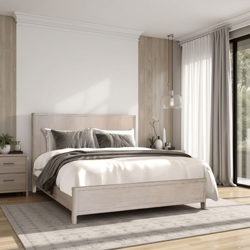 Reham King Bed, Rounded Edges, White Wash Brown Solid Rubberwood Frame