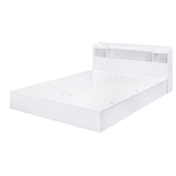 Queen Bed with 6 Under Compartments and Storage Headboard, White - Benzara