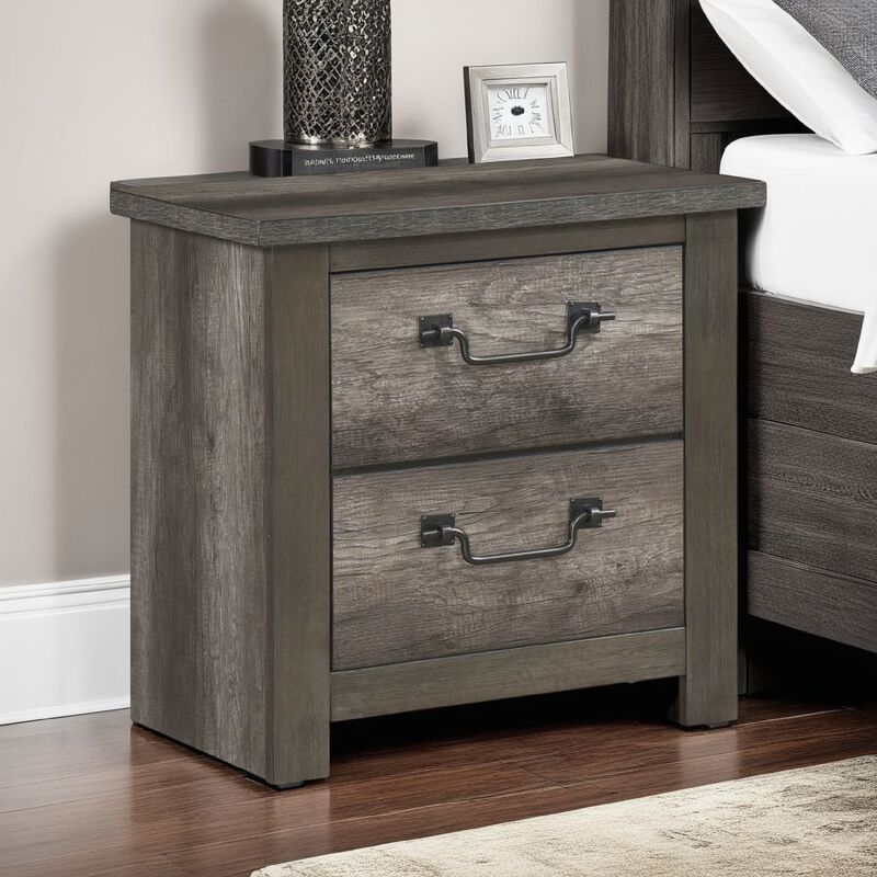 Nemy Nightstand, 2 Drawers, Gray Melamine Laminate, Drop Handles - Benzara