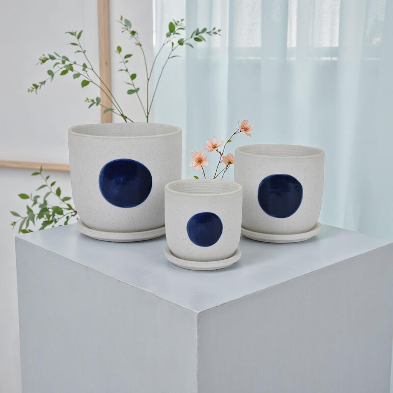Meon 3pc Garden Planter Set, Textured White and Blue Ceramic Design - Benzara