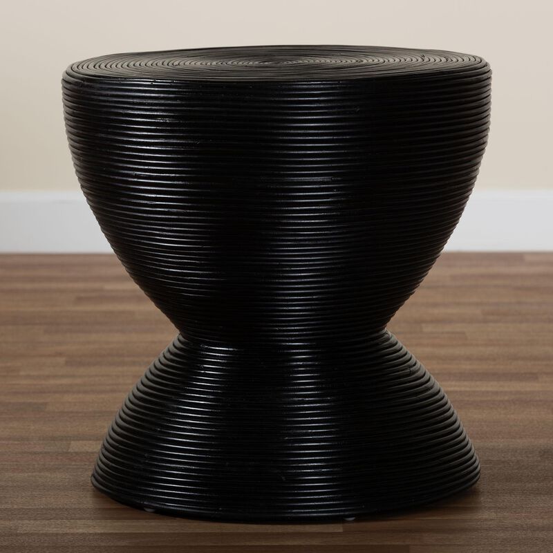 bali & pari Tokyo Laminated Natural Rattan Side Table –  Hourglass Accent Table with Modern Sculptural Design, Boho Chic Style for Living Room or Bedroom, Black