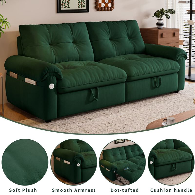 77 inch Convertible sleeper sofa bed, Plush fabric loveseat futon with USB ports and side pockets, sofa bed for small apartments image number 7