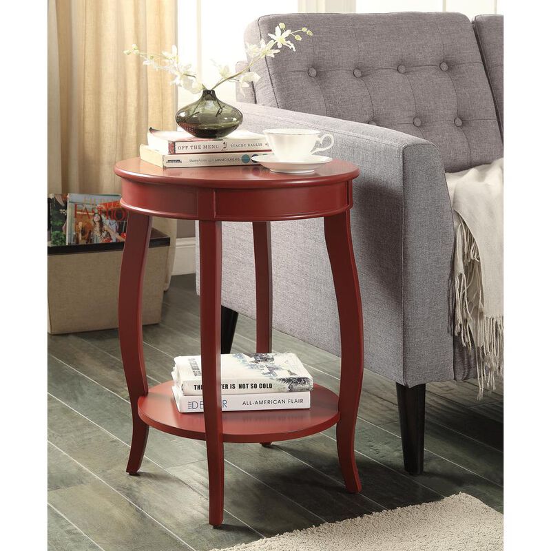 Hivvago 24 Inch  Red Wood Round End Table With Shelf