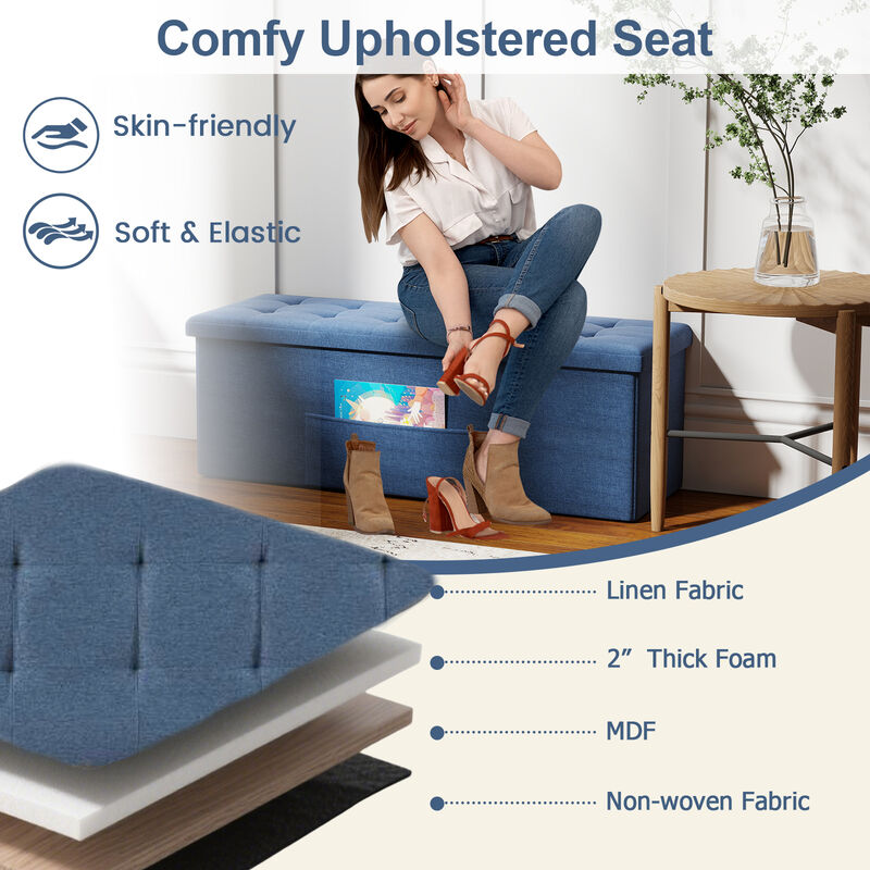 Linen Folding Storage Ottoman Bench, End-of-Bed Seat with Cushion image number 6