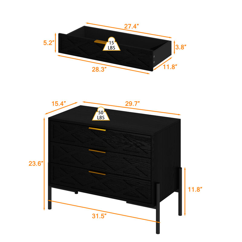 FUFU&GAGA Black 3-Drawer Nightstands with Gold Handles and Metal Legs, P2 Particleboard, (31.5" W x 23.6" H x 15.4" D), Black