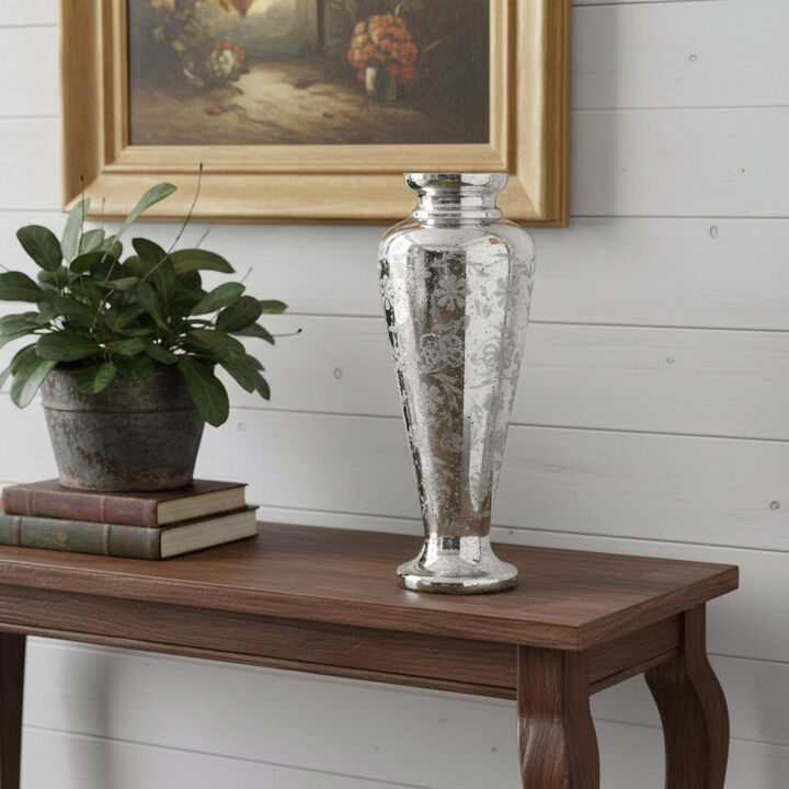 HomeRoots 20" Antiqued Silver Etched Floral Glass Round Table Vase