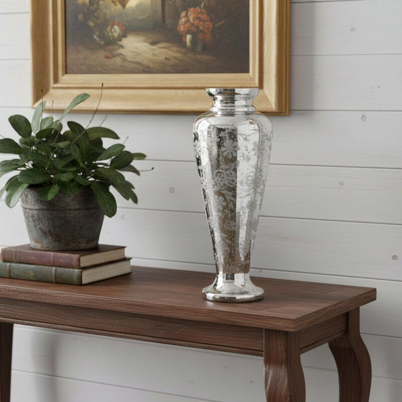 HomeRoots 20" Antiqued Silver Etched Floral Glass Round Table Vase image number 1