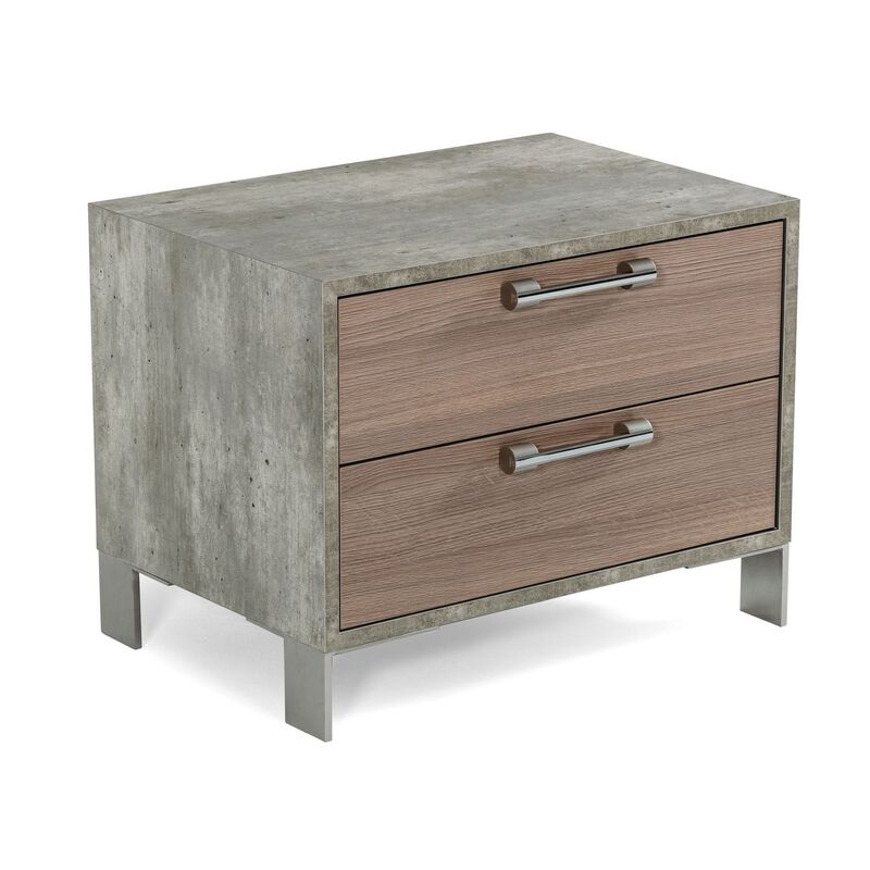 Noe Billy 26 Inch Nightstand, 2 Drawers, Gray Faux Concrete, Oak Laminate  - Benzara