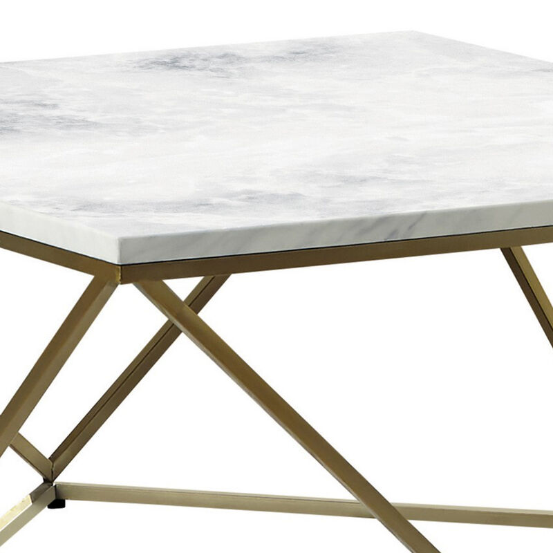 36 Inch Modern Square Coffee Table, White Faux Marble Top, Slender Gold Base-Benzara