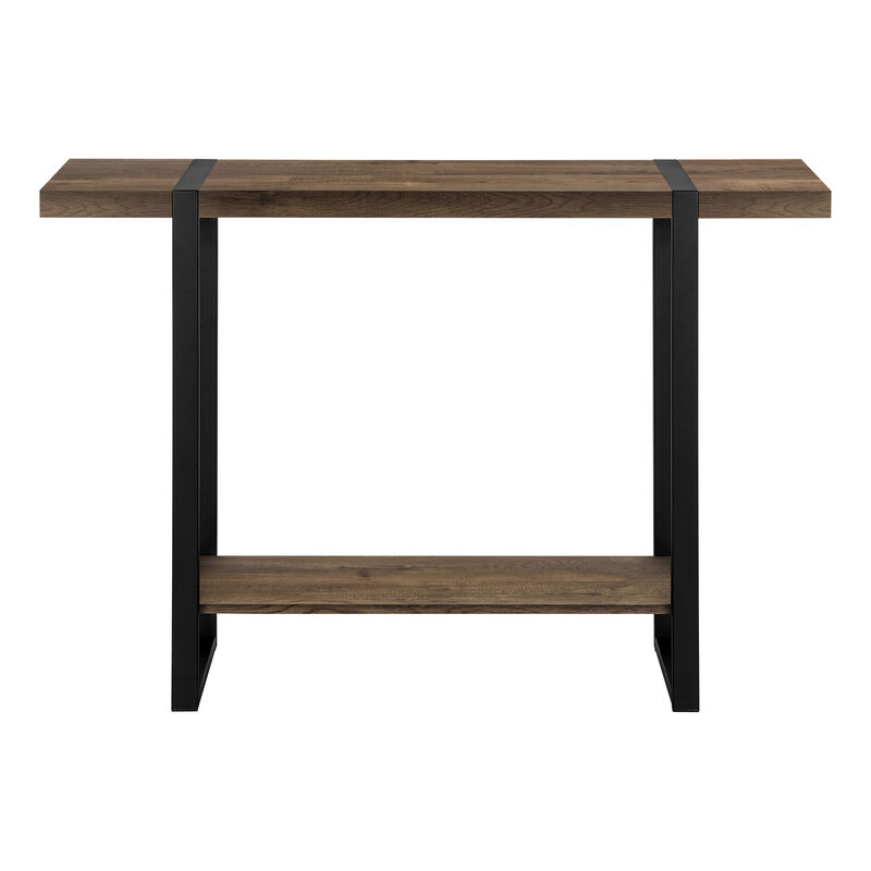 HomeRoots 47" Brown and Black Wood and Metal Distressed Sled Console Table With Shelf image number 2
