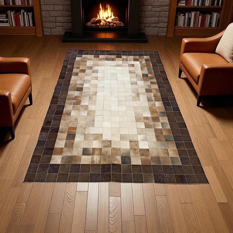 Ombre Cowhide Rug, Brown and Beige Leather Patchwork Carpet, Modern Handmade Leather Rug, Custom Size Available image number 2