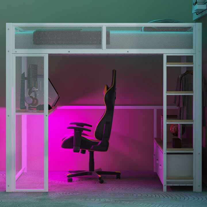 Merax Metal Gaming Loft Bed with LED and Desk