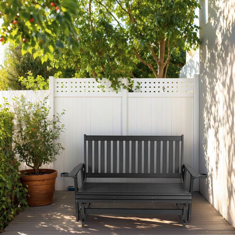 HIPS Patio Glider with Cup Holders, All-Weather Resistant, High Backrest and Deep Contoured Seat, Heavy Duty 900 LB (3-Seat,Black)