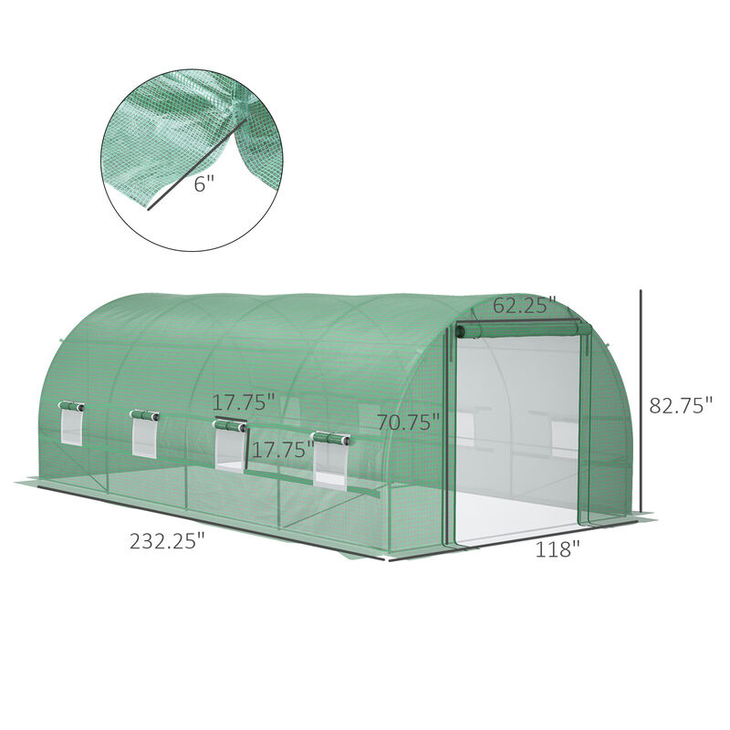 Outsunny 20' x 10' x 7' Walk-In Tunnel Greenhouse, Garden Warm House, Large Hot House Kit with 8 Roll-up Windows & Roll Up Door, Steel Frame, Green