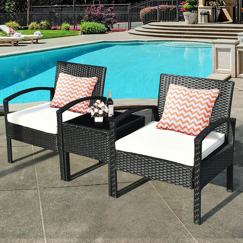 3 Pieces Outdoor Rattan Patio Conversation Set with Seat Cushions