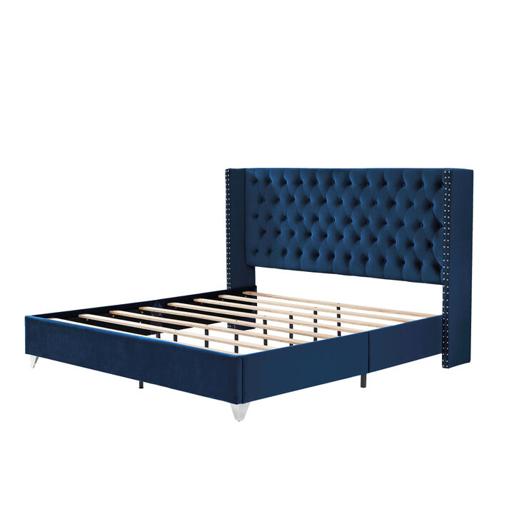 King bed, Button designed Headboard, strong wooden slats + metal legs with Electroplate