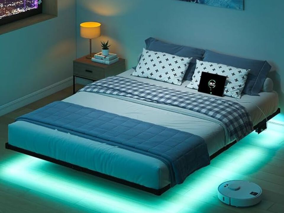 Floating Bed Frame Queen With Led Lights And Charging Station - 8 Inch Platform Bed Frame No Box Spring Needed, Easy Assembly