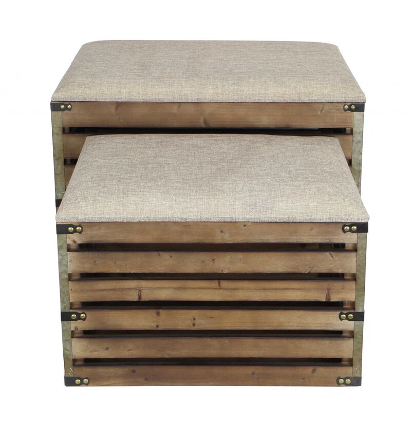 Set of 2 Upholstered Storage Benches with Flip Top and Wood Slat Base for Entryway
