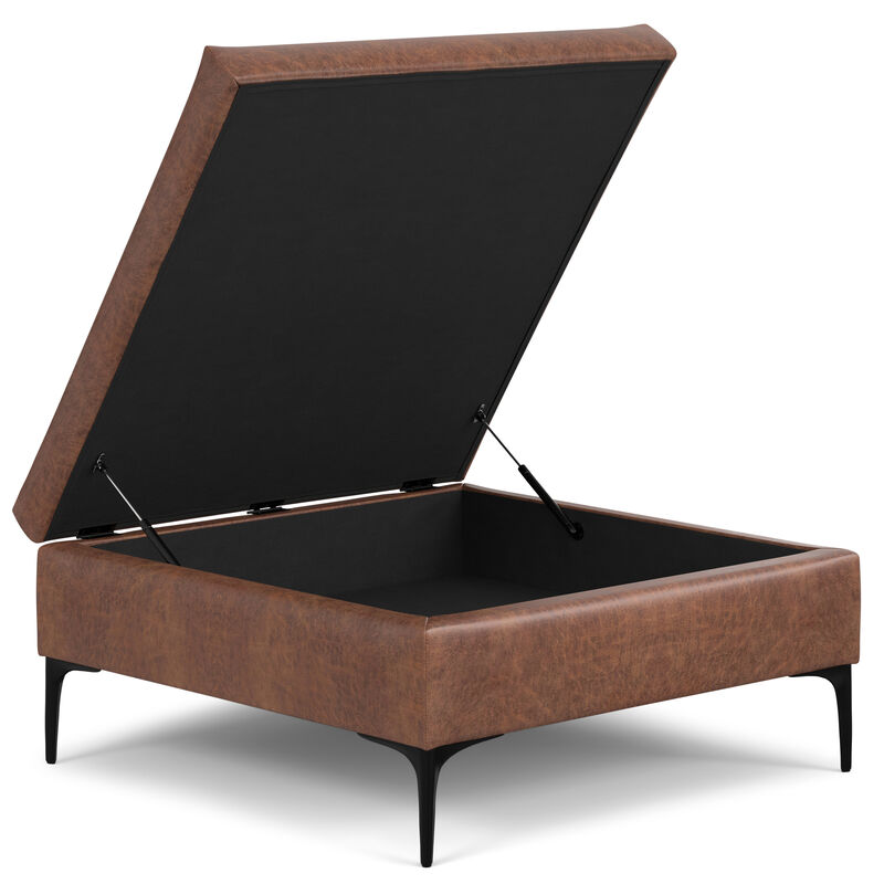 Rebecca 36 inch Wide Contemporary Square Mid Century Coffee Table Storage Ottoman with Lift Up Lid in Distressed Saddle Brown Vegan Faux Leather, Assembled